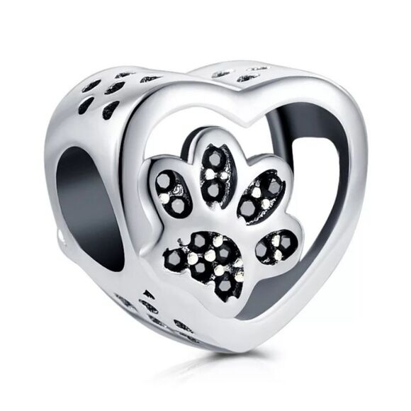 925 Sterling Silver Black Paw Charm - Picture 1 of 4
